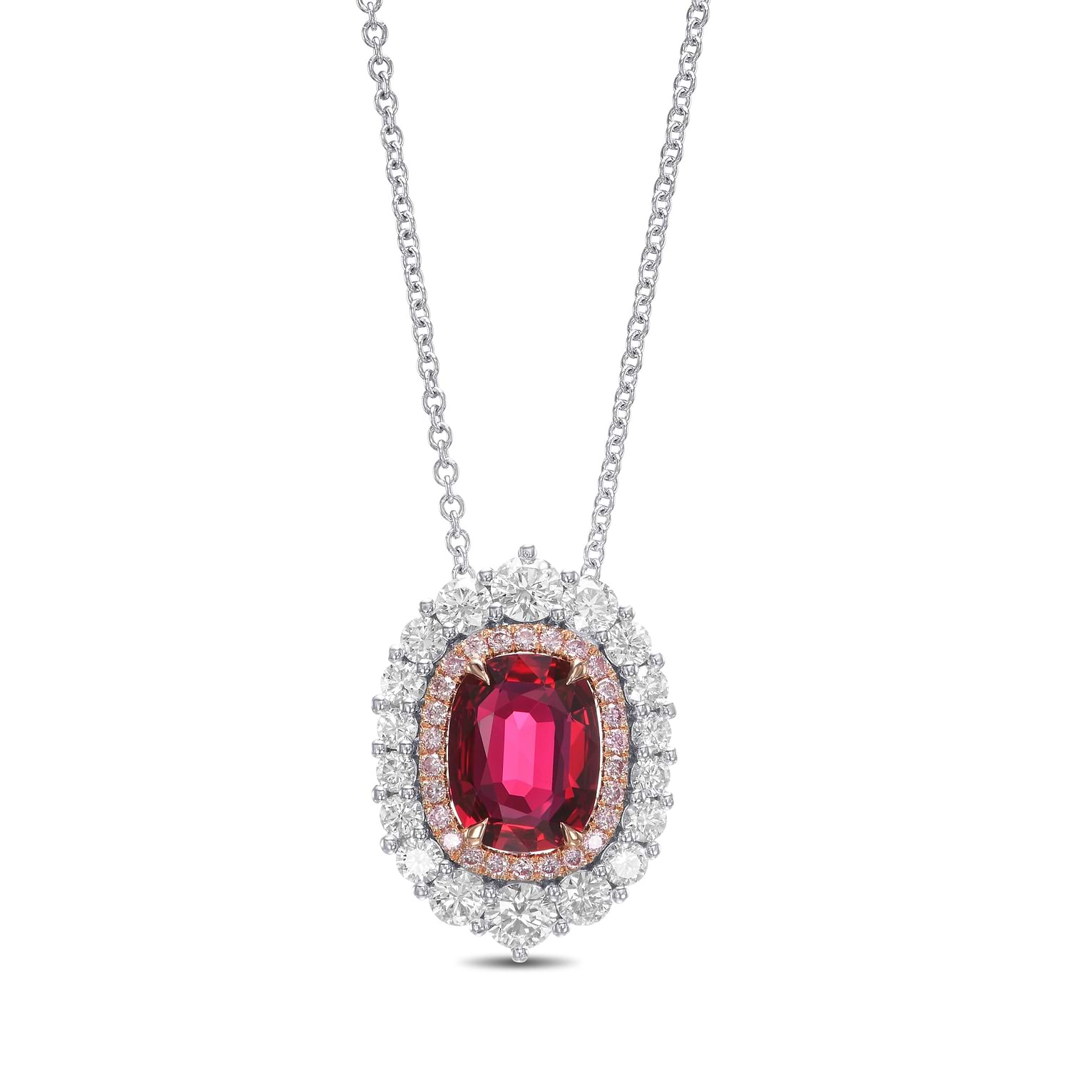 Oval Pigeon Blood Ruby and Diamond Double Halo Pendant