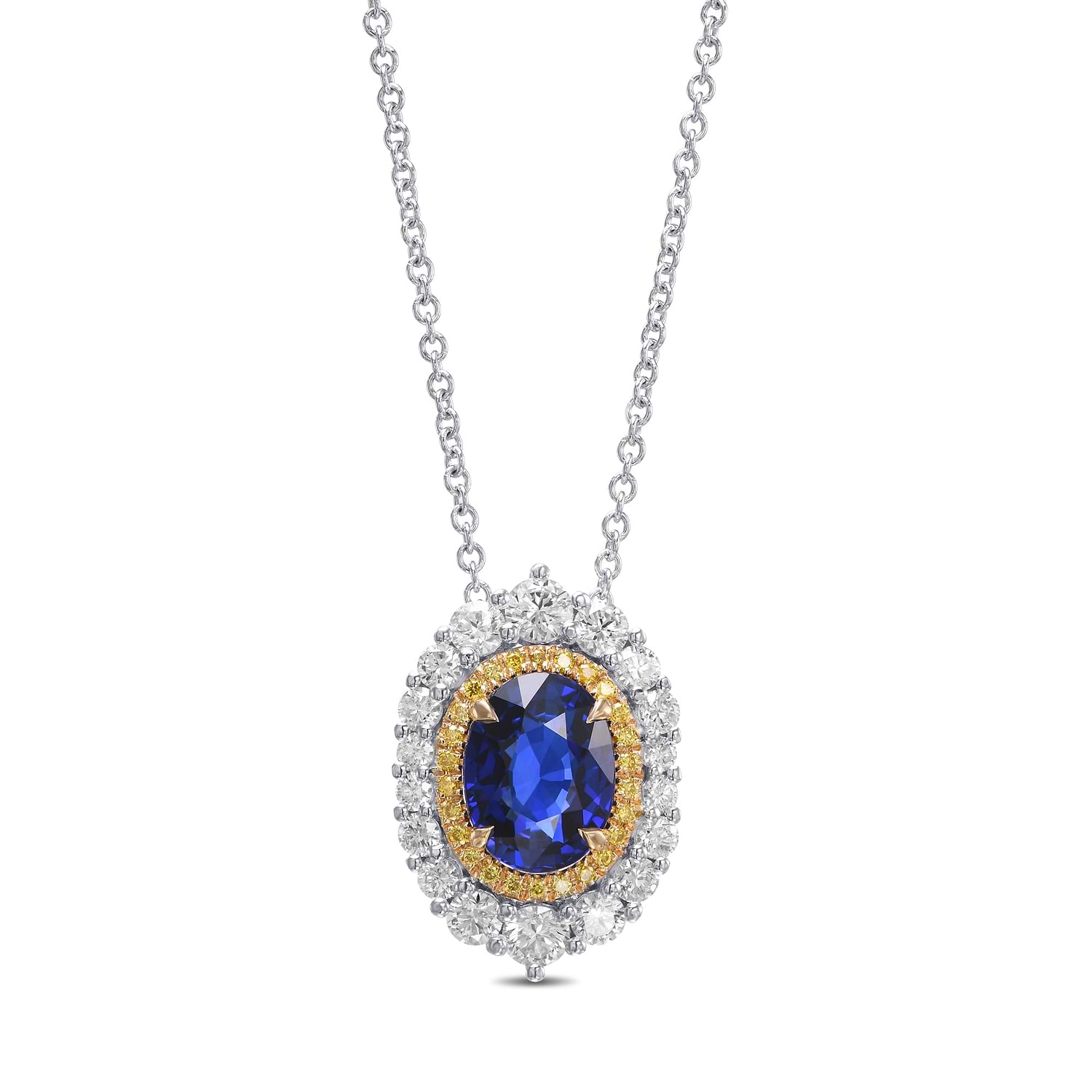 Royal Blue Oval Sapphire and Diamond Double Halo Pendant