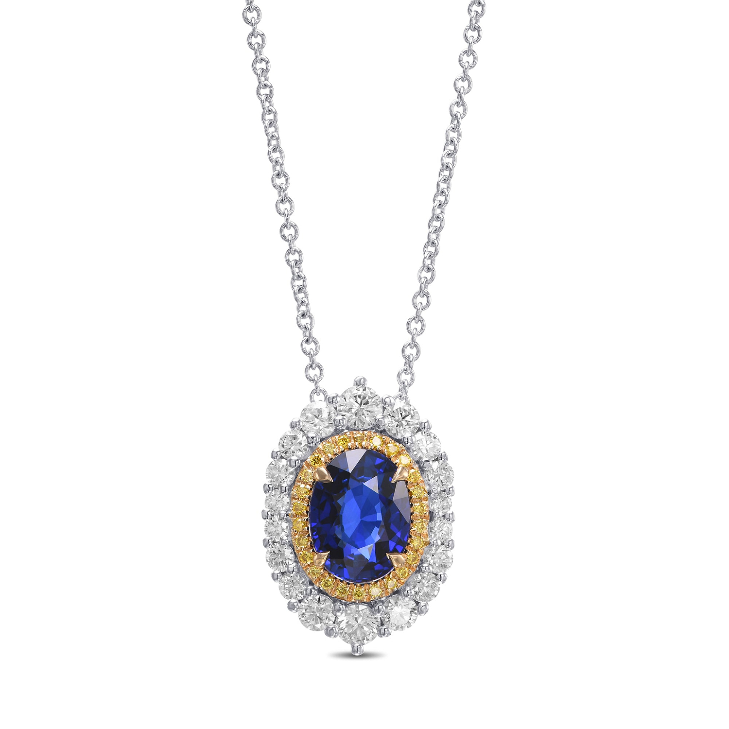 Royal Blue Oval Sapphire and Diamond Double Halo Pendant