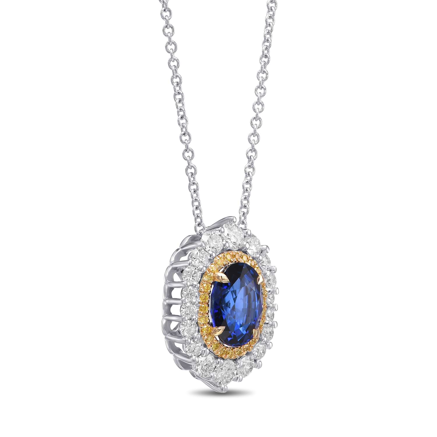 Royal Blue Oval Sapphire and Diamond Double Halo Pendant