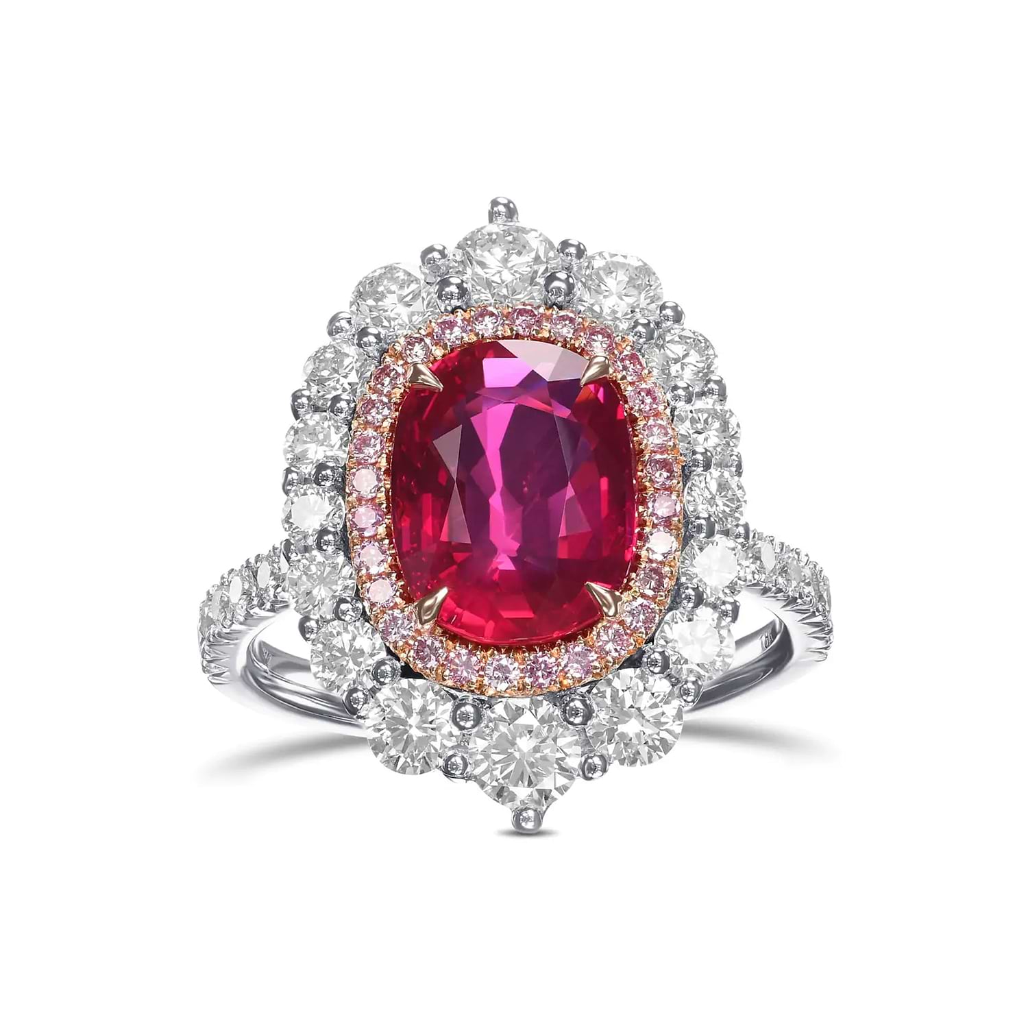 Cushion Mozambique Ruby and Diamond Double Halo Ring