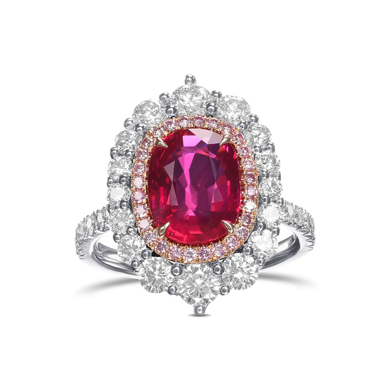 Cushion Mozambique Ruby and Diamond Double Halo Ring