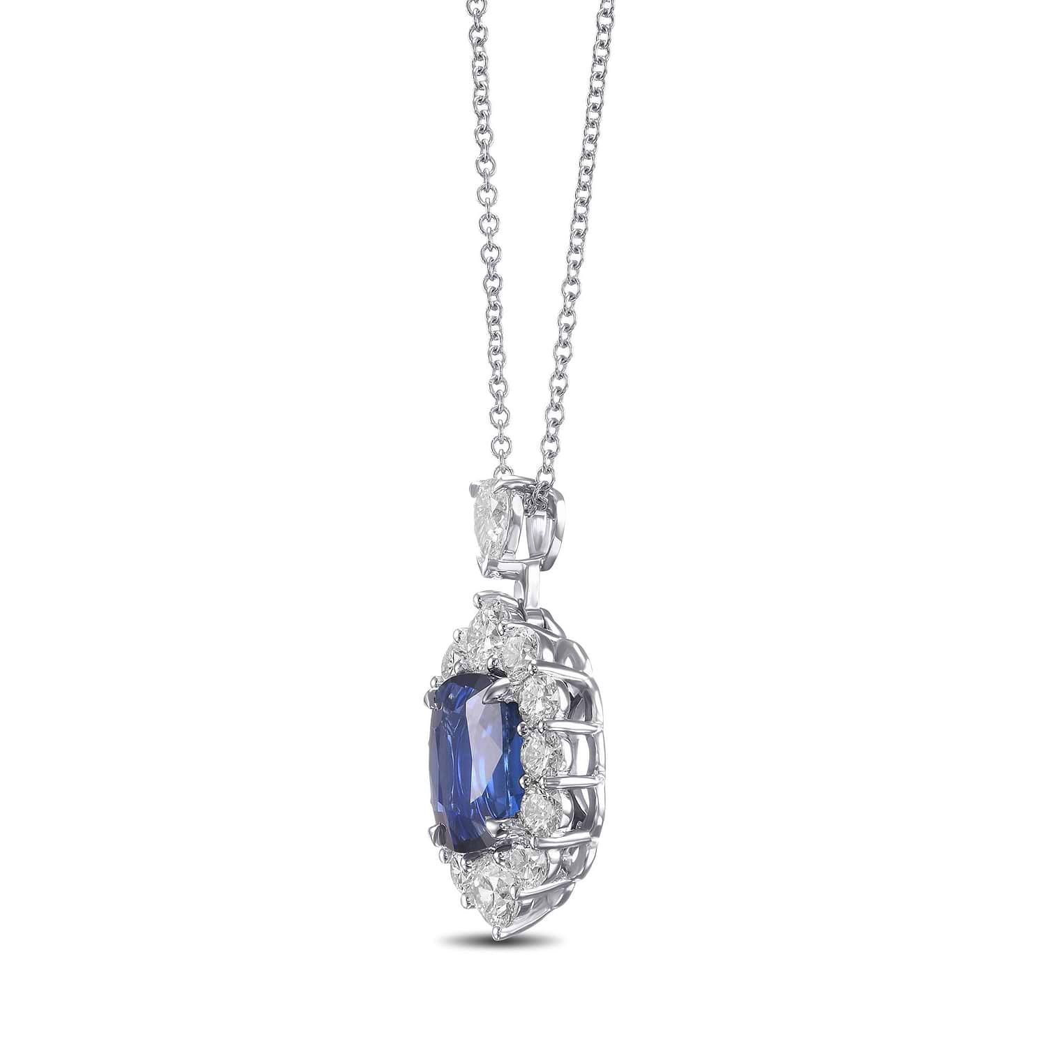 Royal Blue Sapphire Cushion Halo Diamond Pendant