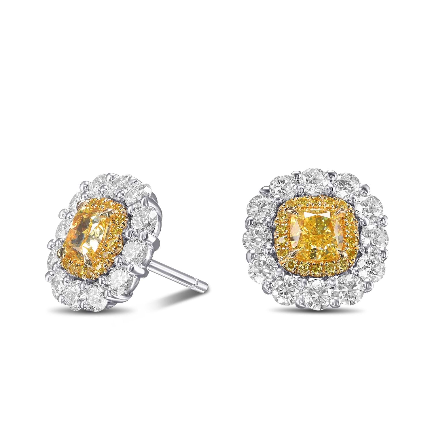 Fancy Intense Yellow Cushion Double Halo Diamond Earrings