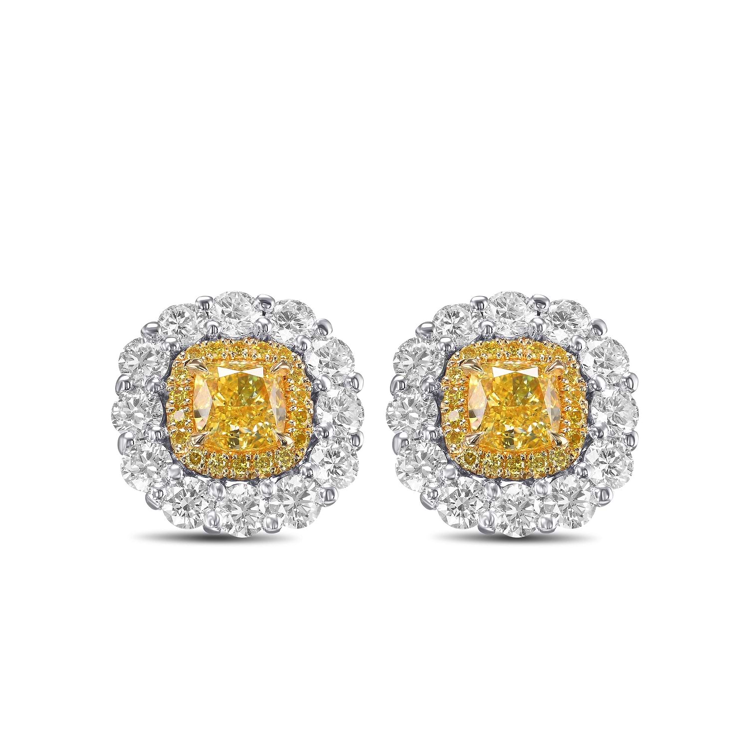 Fancy Intense Yellow Cushion Double Halo Diamond Earrings