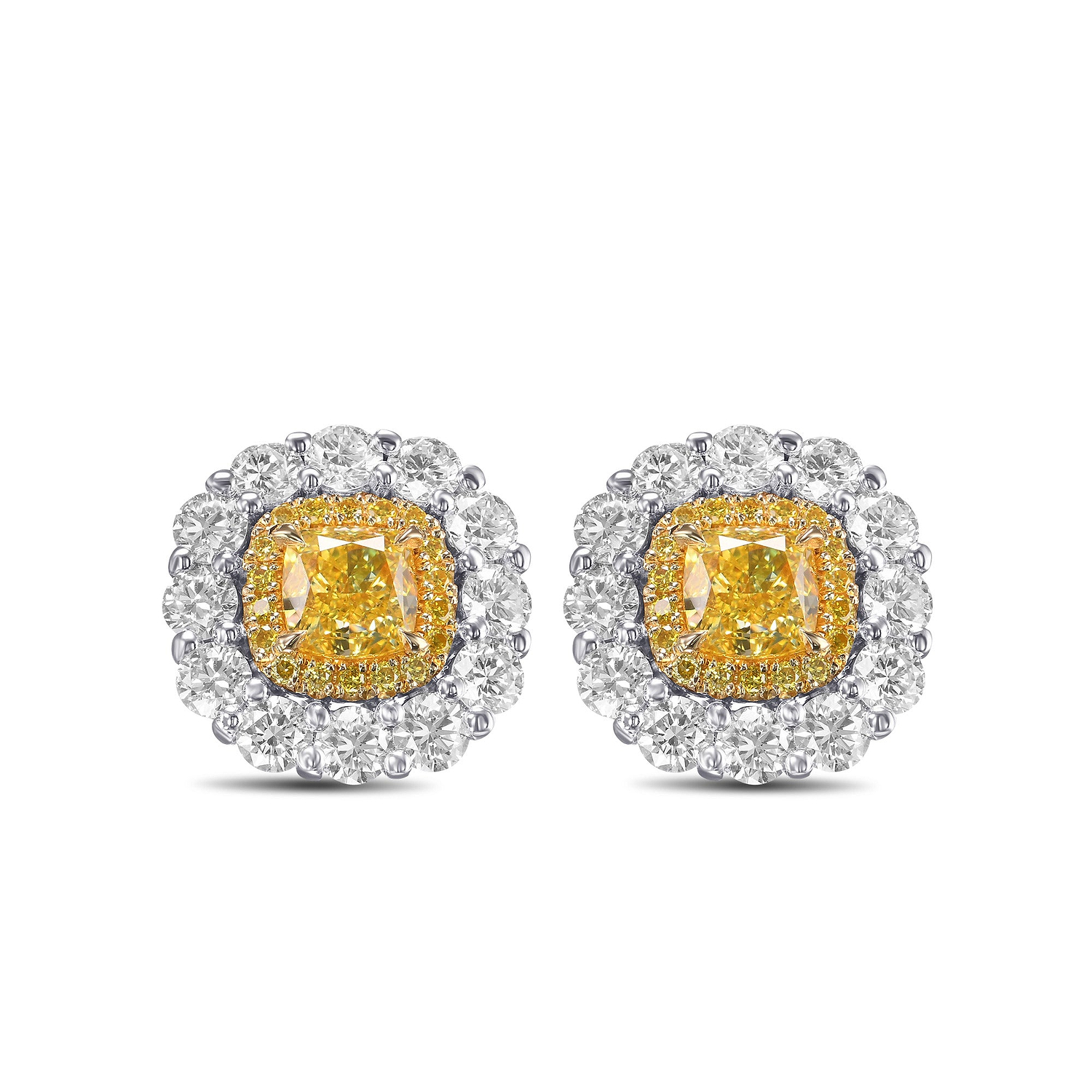Fancy Intense Yellow Cushion Double Halo Diamond Earrings