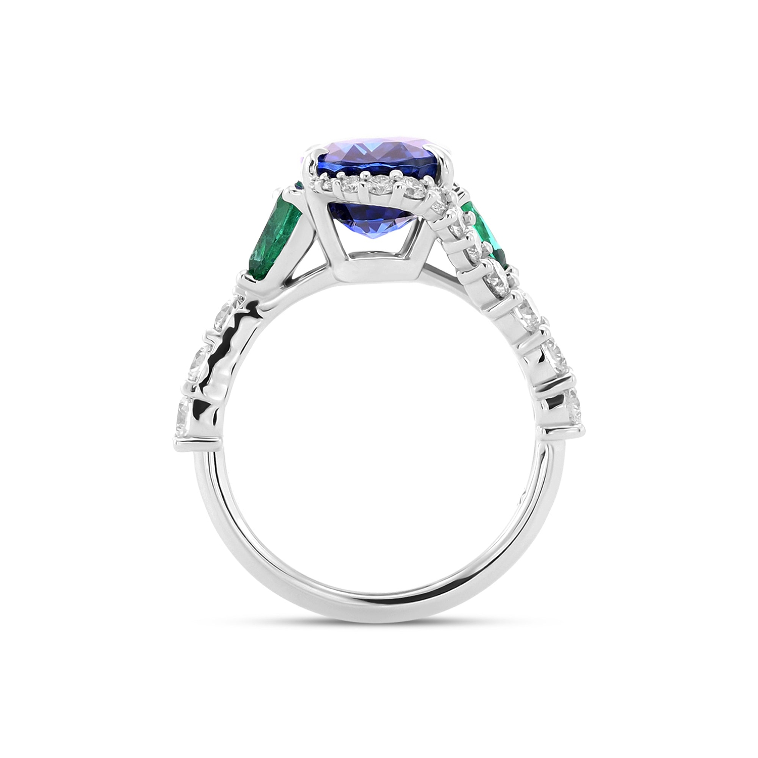 Royal Blue Oval Sapphire, Pear Emeralds, and Diamond Ring