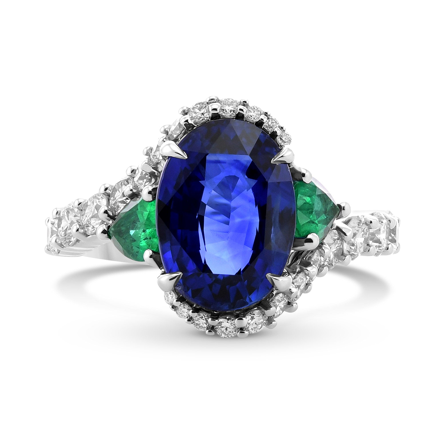 Royal Blue Oval Sapphire, Pear Emeralds, and Diamond Ring