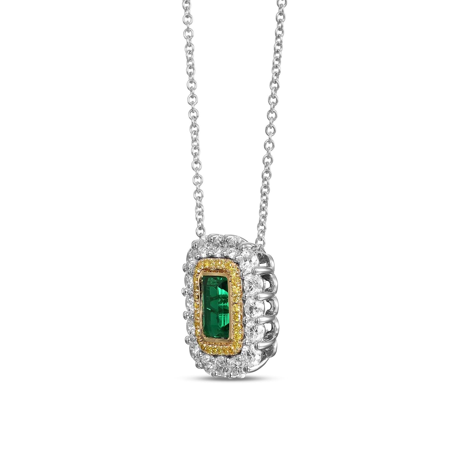 Green Emerald and Diamond Double Halo Pendant