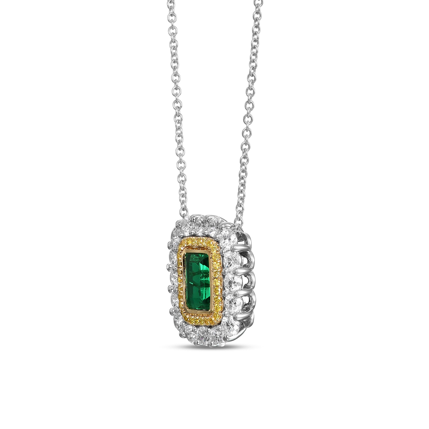 Green Emerald and Diamond Double Halo Pendant
