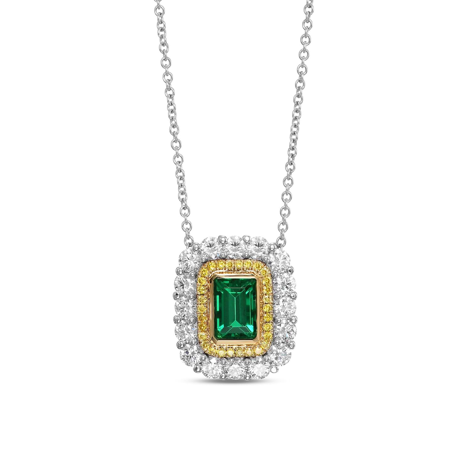 Green Emerald and Diamond Double Halo Pendant