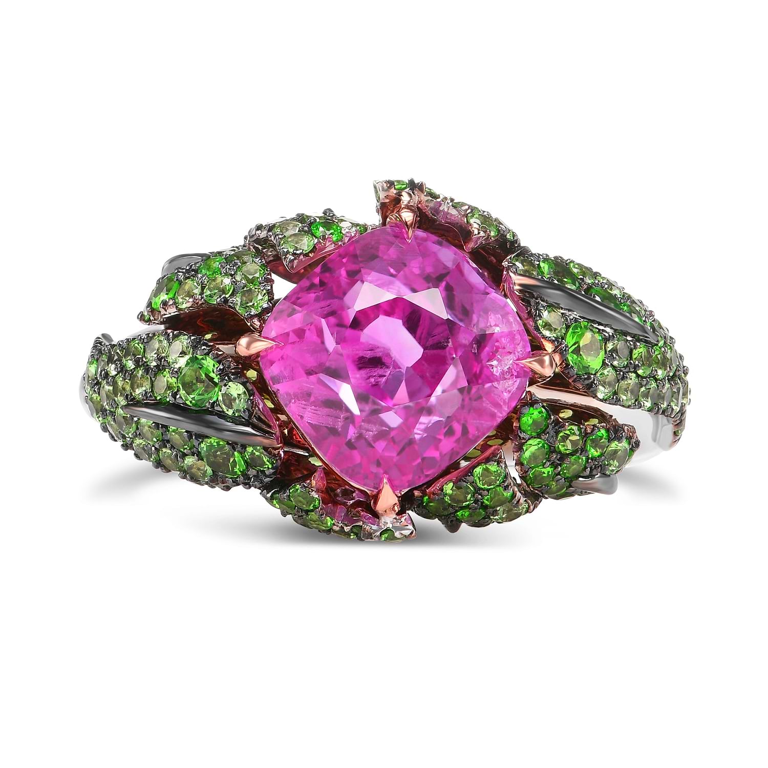 Mogok Vivid Pink Sapphire and Green Tsavorite Bombe Ring
