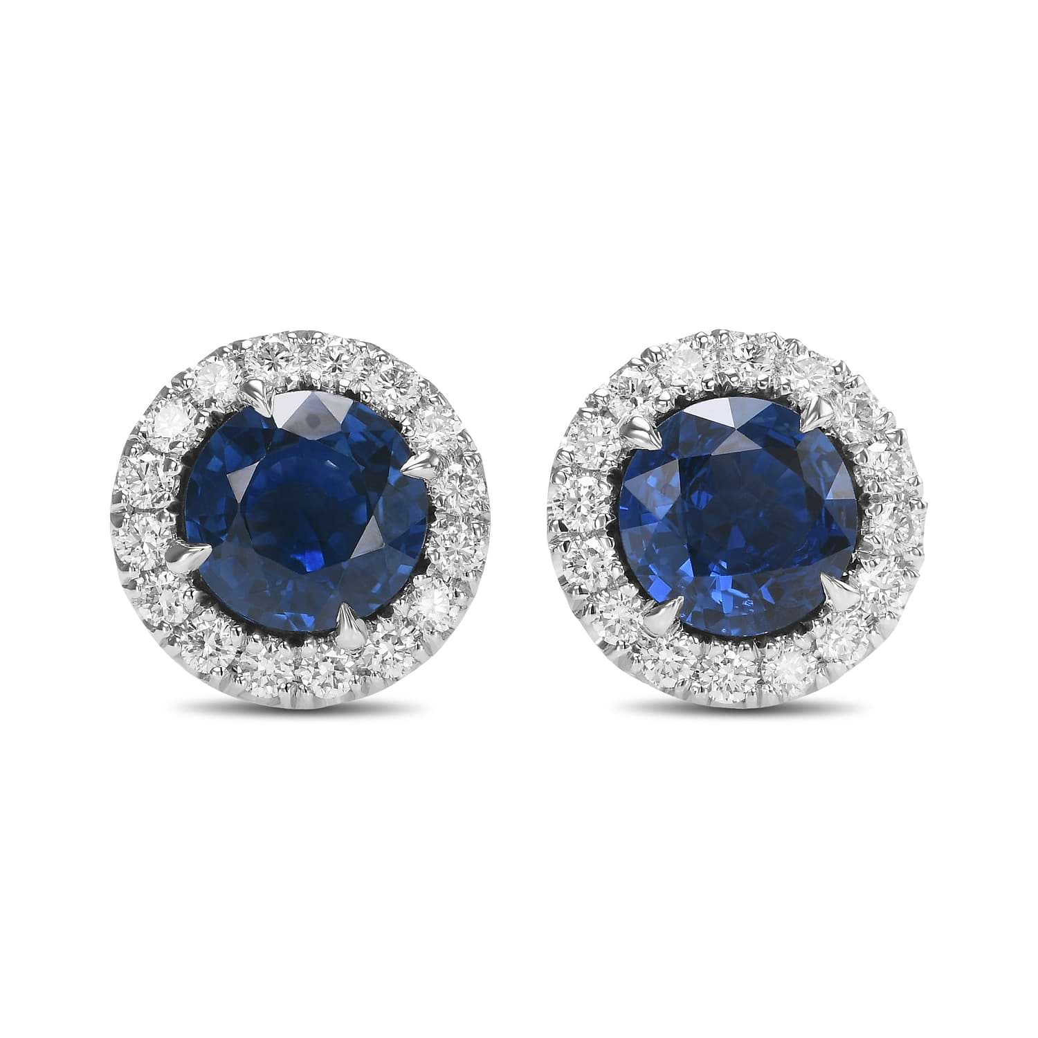 Round Blue Sapphire and Diamond Halo Earrings