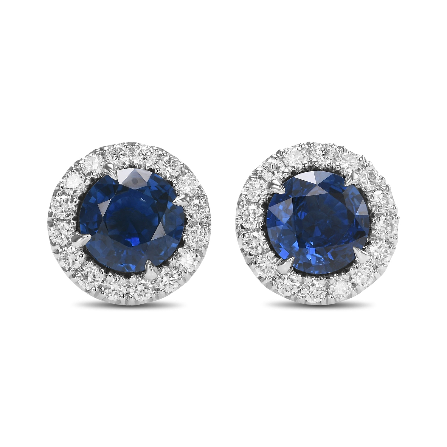 Round Blue Sapphire and Diamond Halo Earrings