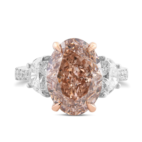 Fancy Orange Brown Oval Diamond, Half Moon & Pave Diamond Side-stone Ring