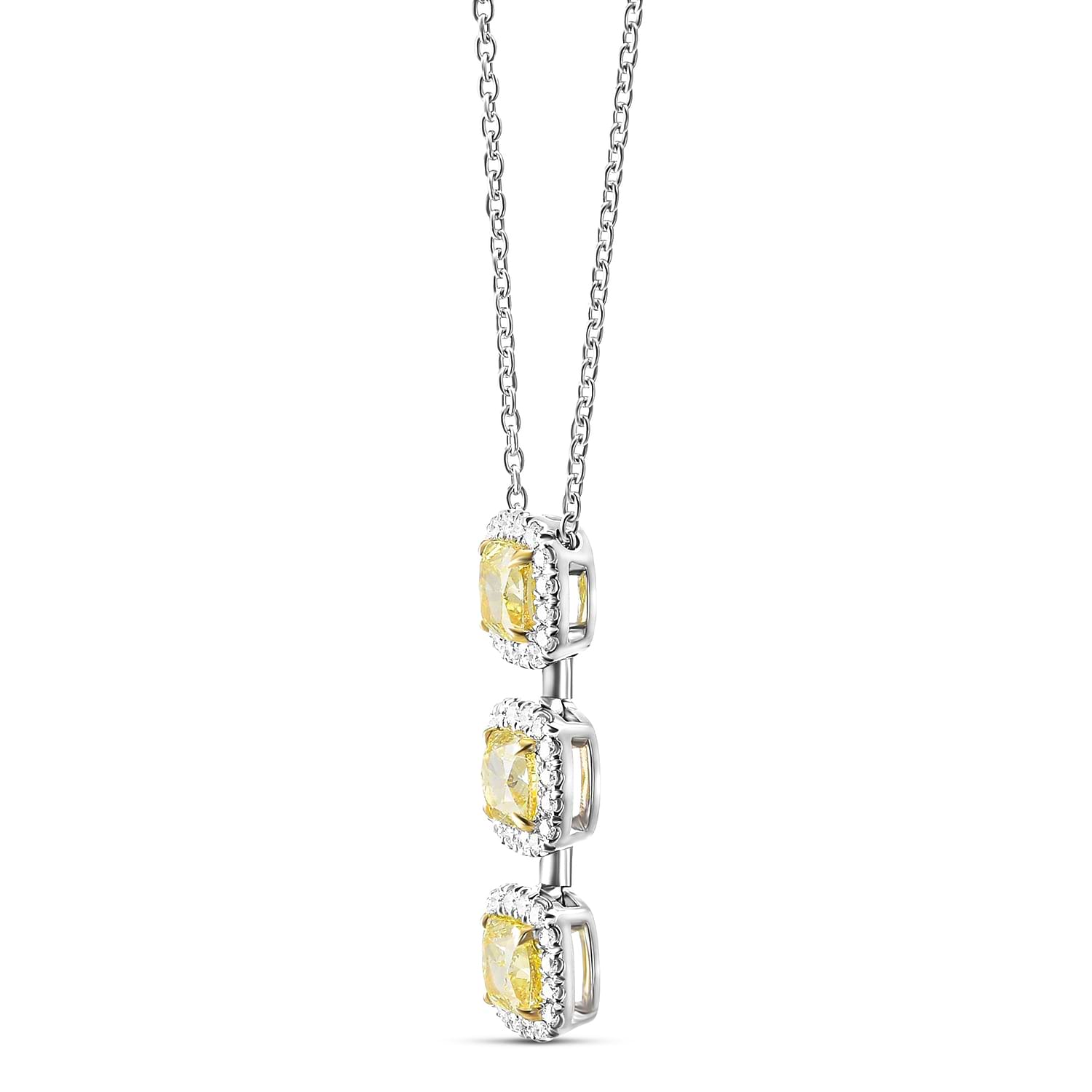 Fancy Intense Yellow Cushion 3 Stone Diamond Drop Halo Pendant