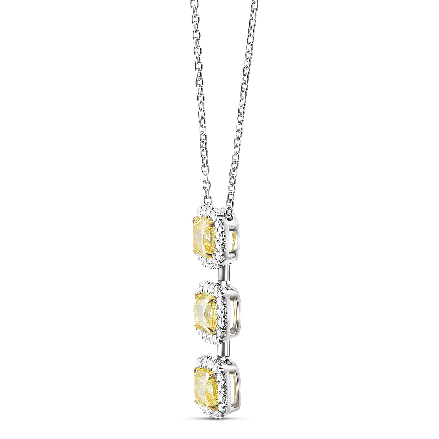 Fancy Intense Yellow Cushion 3 Stone Diamond Drop Halo Pendant