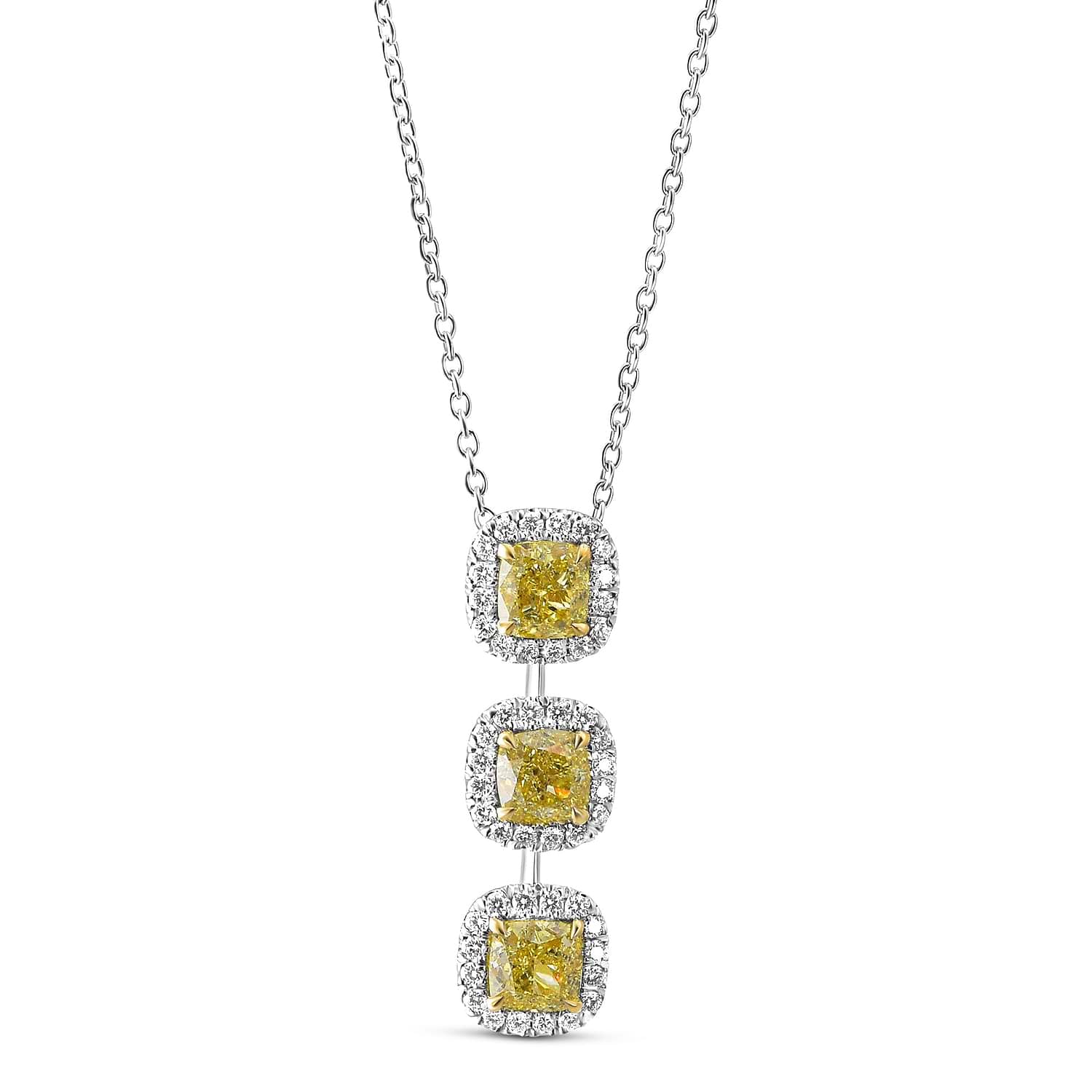 Fancy Intense Yellow Cushion 3 Stone Diamond Drop Halo Pendant