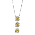 Fancy Intense Yellow Cushion 3 Stone Diamond Drop Halo Pendant