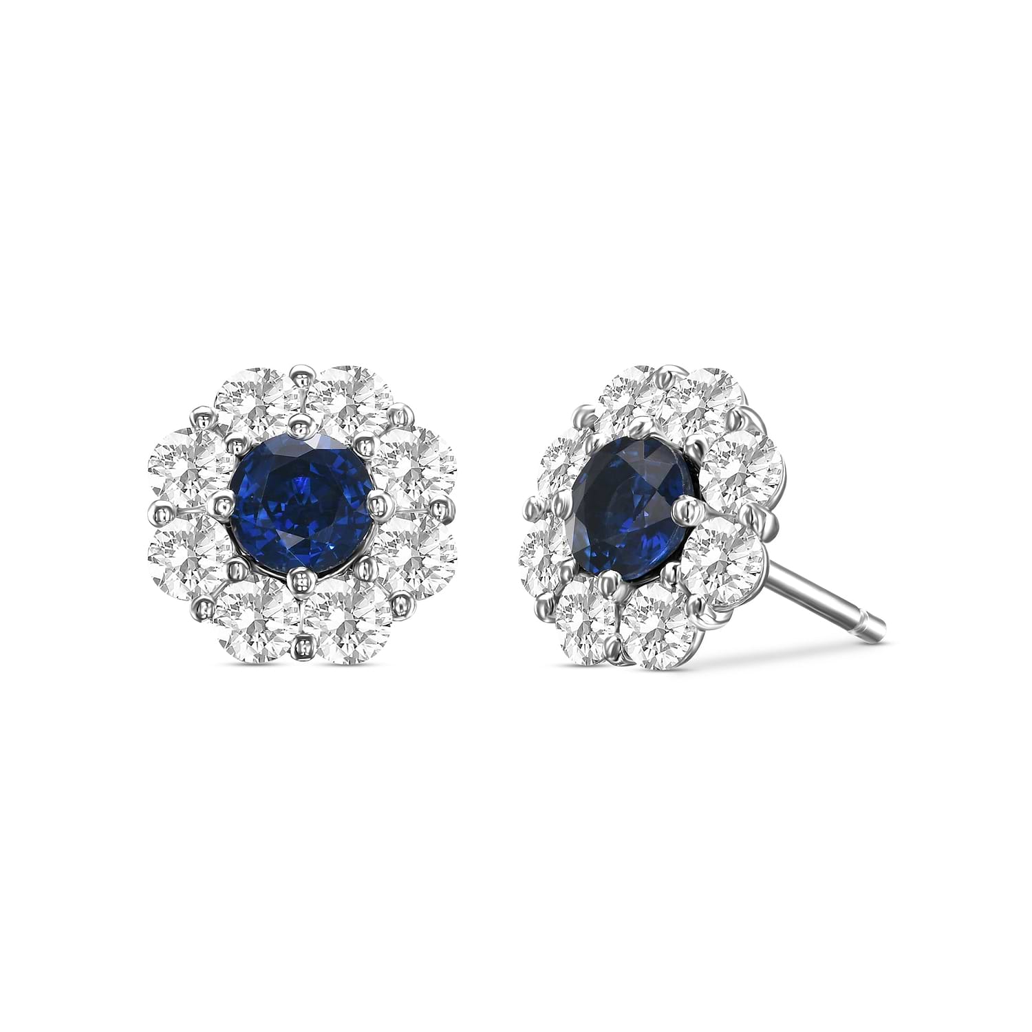 Round Blue Sapphire and Diamond Halo Earrings