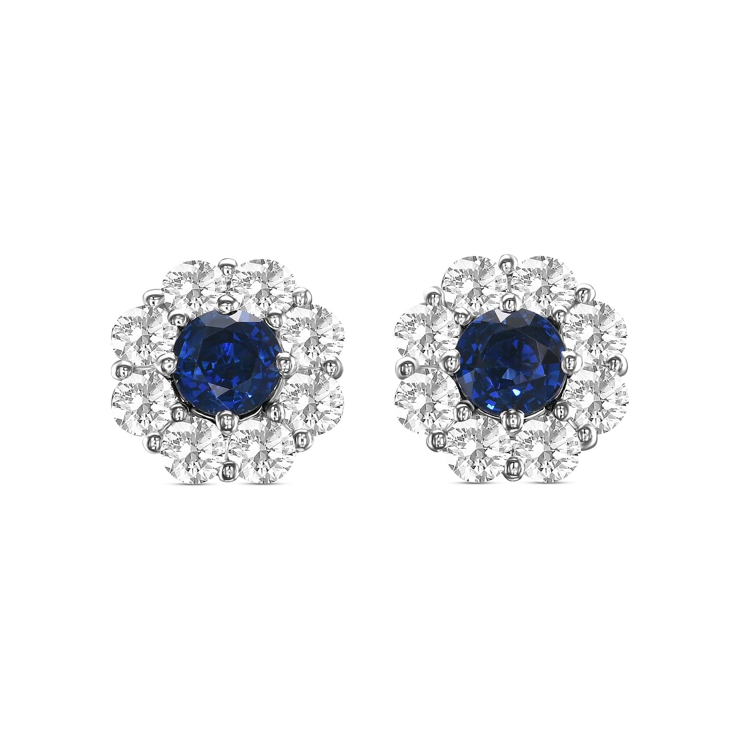 Round Blue Sapphire and Diamond Halo Earrings
