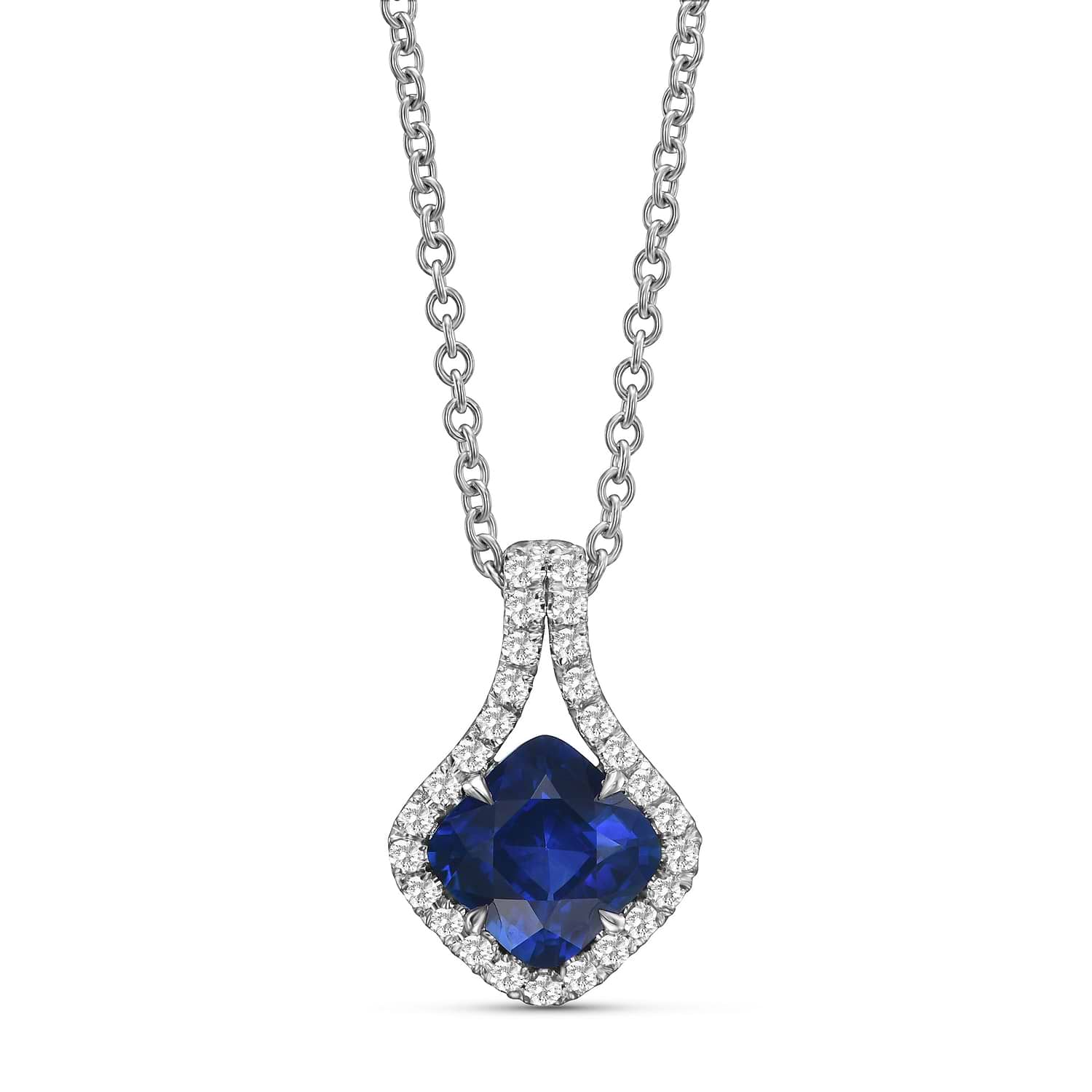 Blue Sapphire Cushion and Diamond Drop Pendant