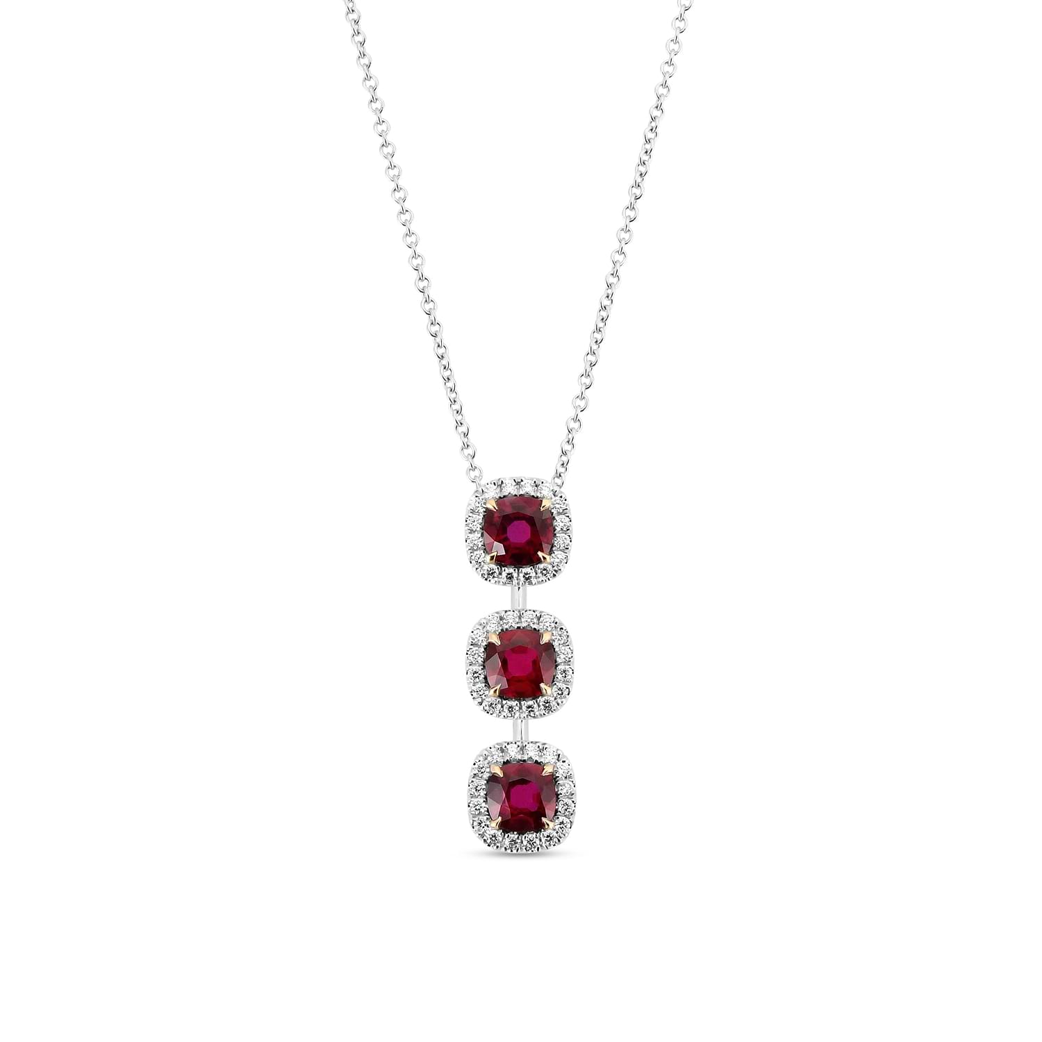 Ruby Cushion and Diamond Three-stone Drop Halo Pendant