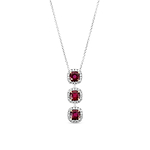 Ruby Cushion and Diamond Three-stone Drop Halo Pendant