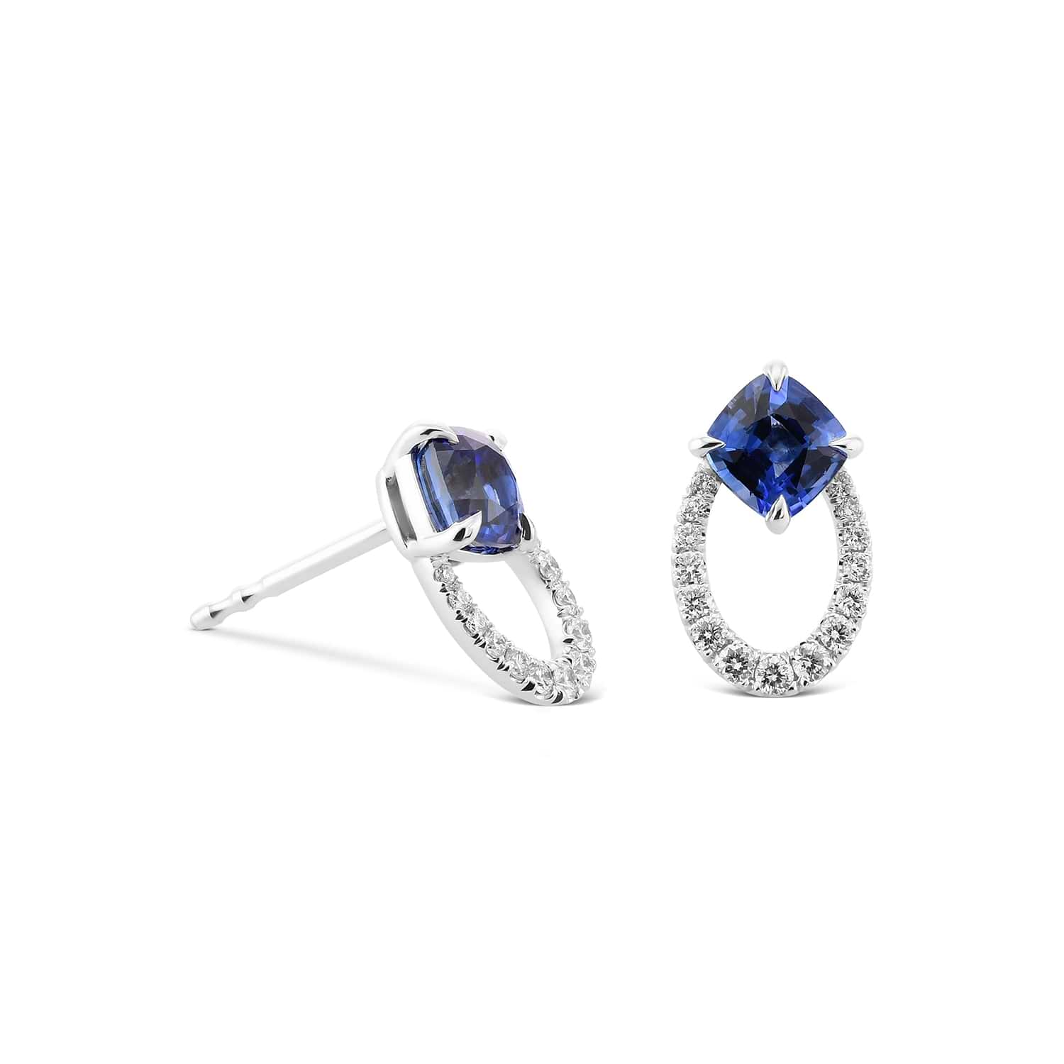 Blue Cushion Sapphire & Diamond Earrings
