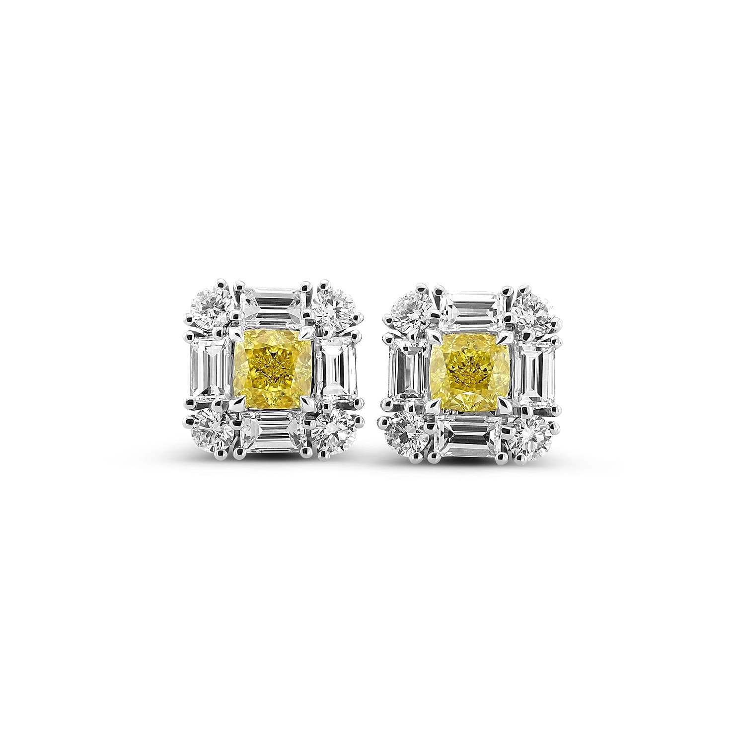 Extraordinary Cushion Fancy Intense Yellow Diamond Halo Stud Earrings
