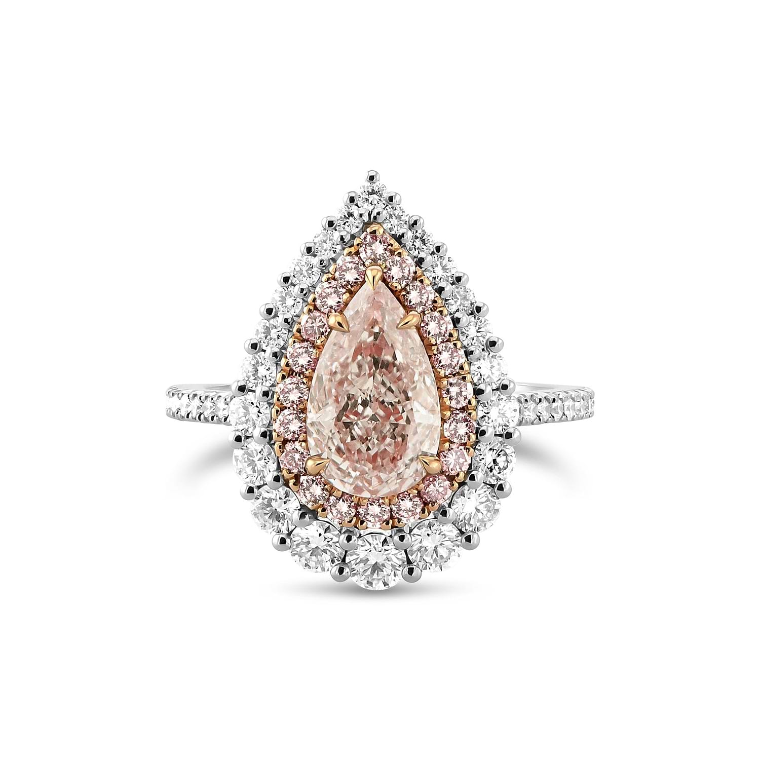 Light Pinkish Brown Pear Diamond Double Halo Ring