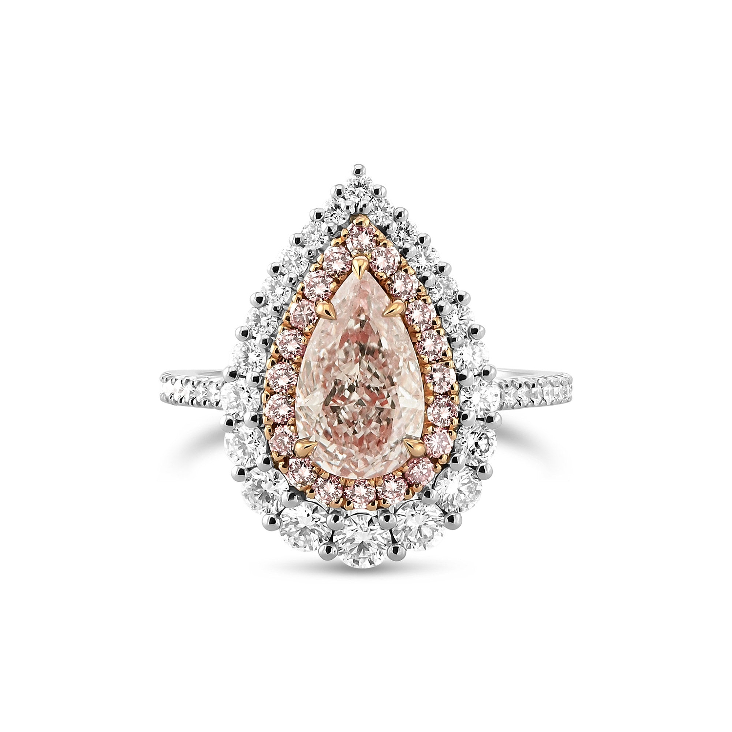 Light Pinkish Brown Pear Diamond Double Halo Ring