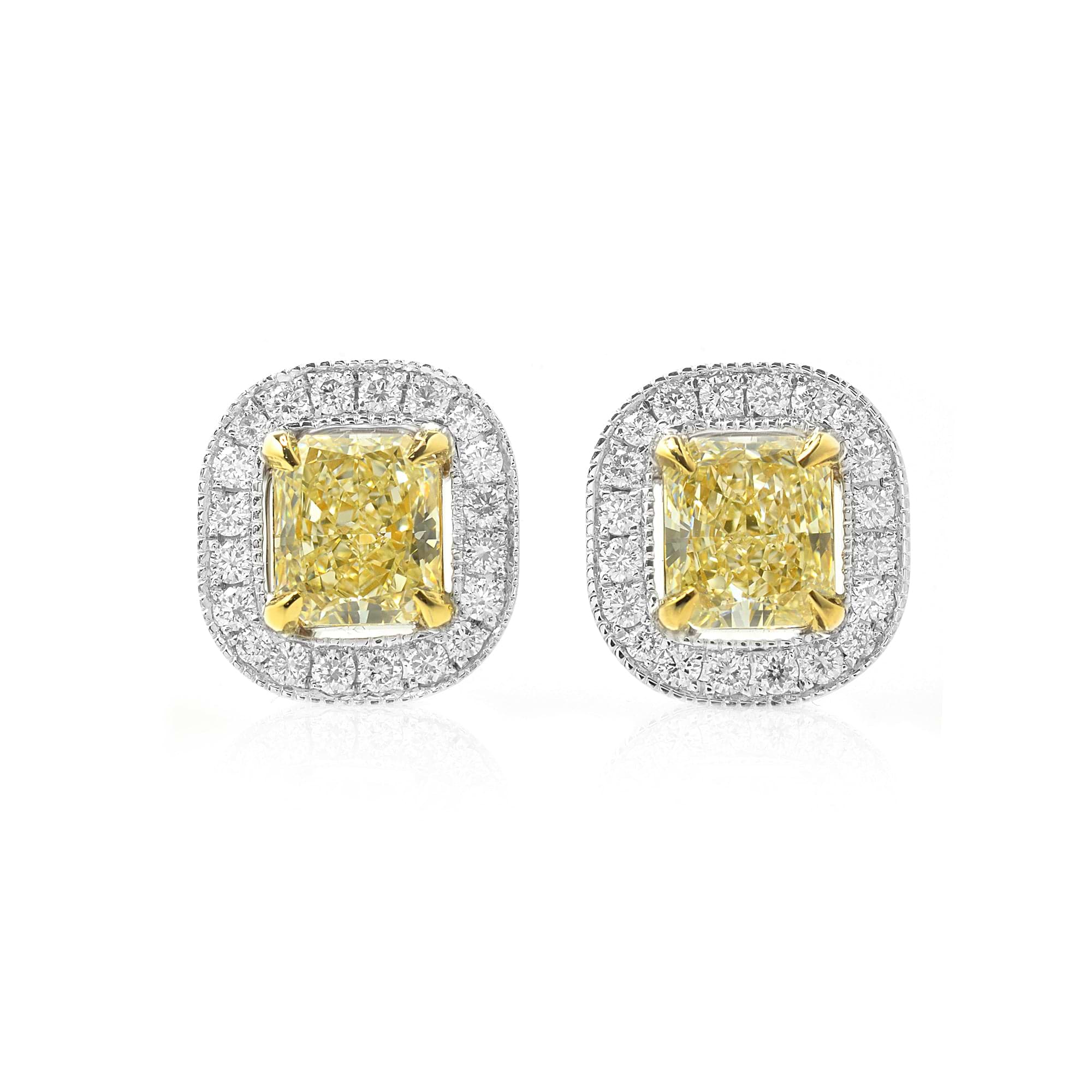 Fancy Light Yellow Radiant diamond halo earrings