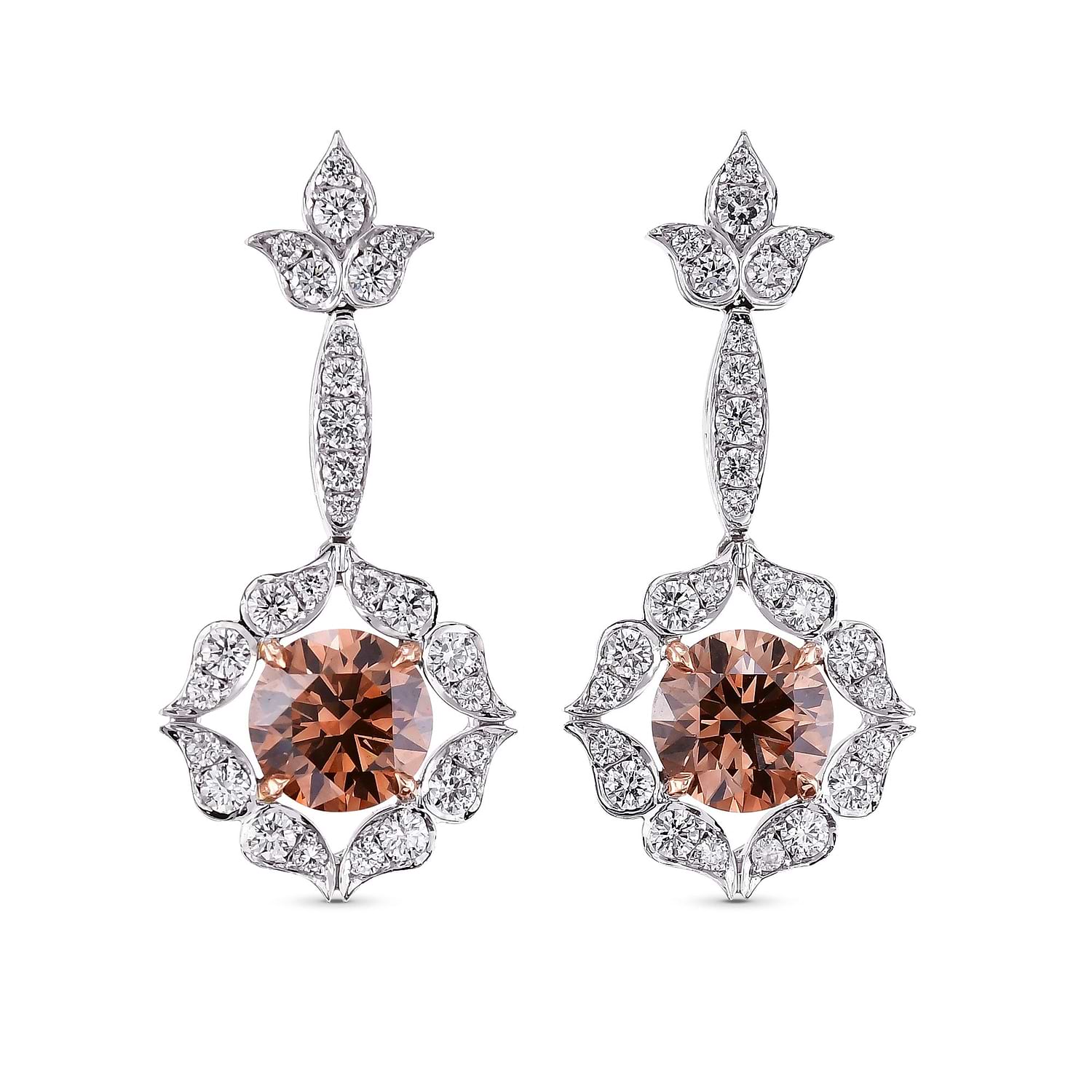 18K White and Rose Gold Fancy Brown Drop Halo Earrings