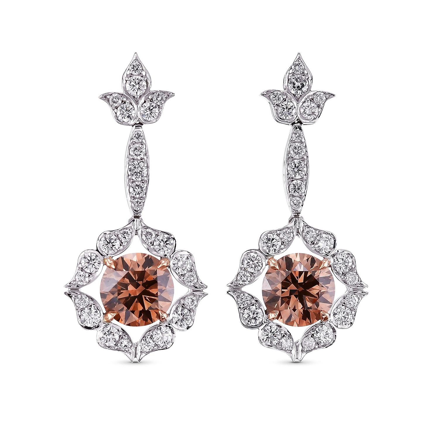 18K White and Rose Gold Fancy Brown Drop Halo Earrings