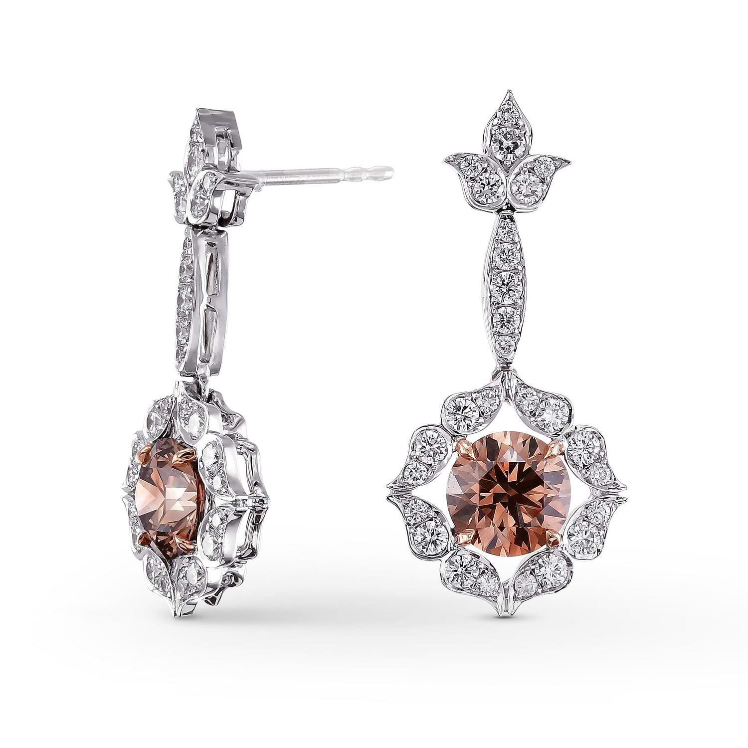 18K White and Rose Gold Fancy Brown Drop Halo Earrings