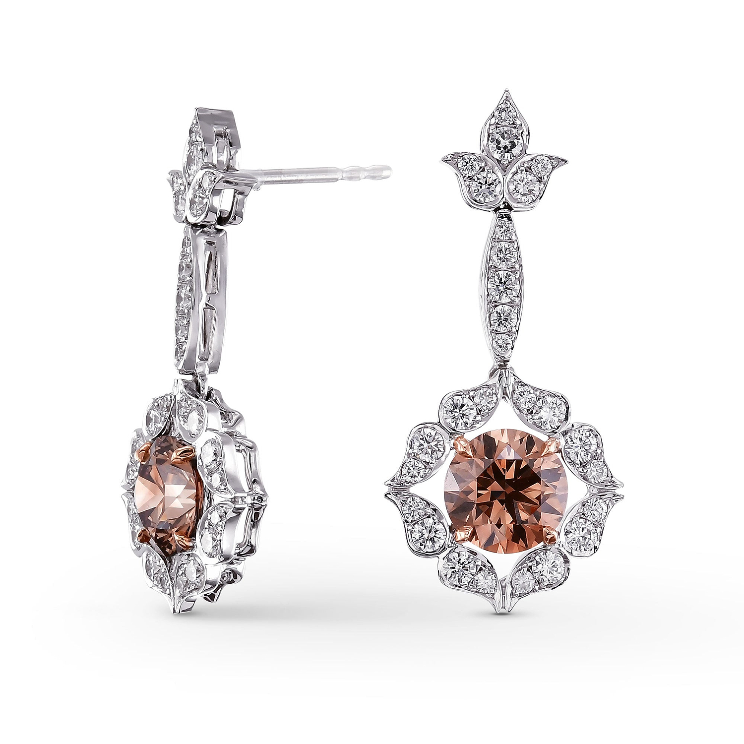 18K White and Rose Gold Fancy Brown Drop Halo Earrings