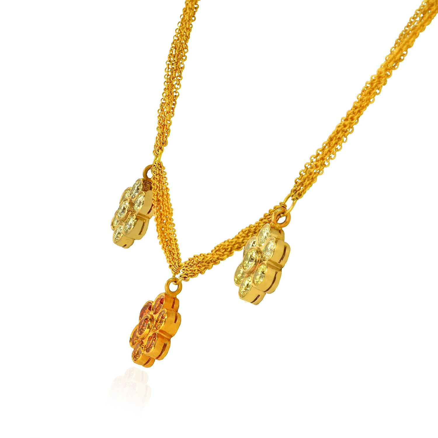 3 Flower Fancy color Diamond Necklace, 21 stones, set in 18K  Gold.