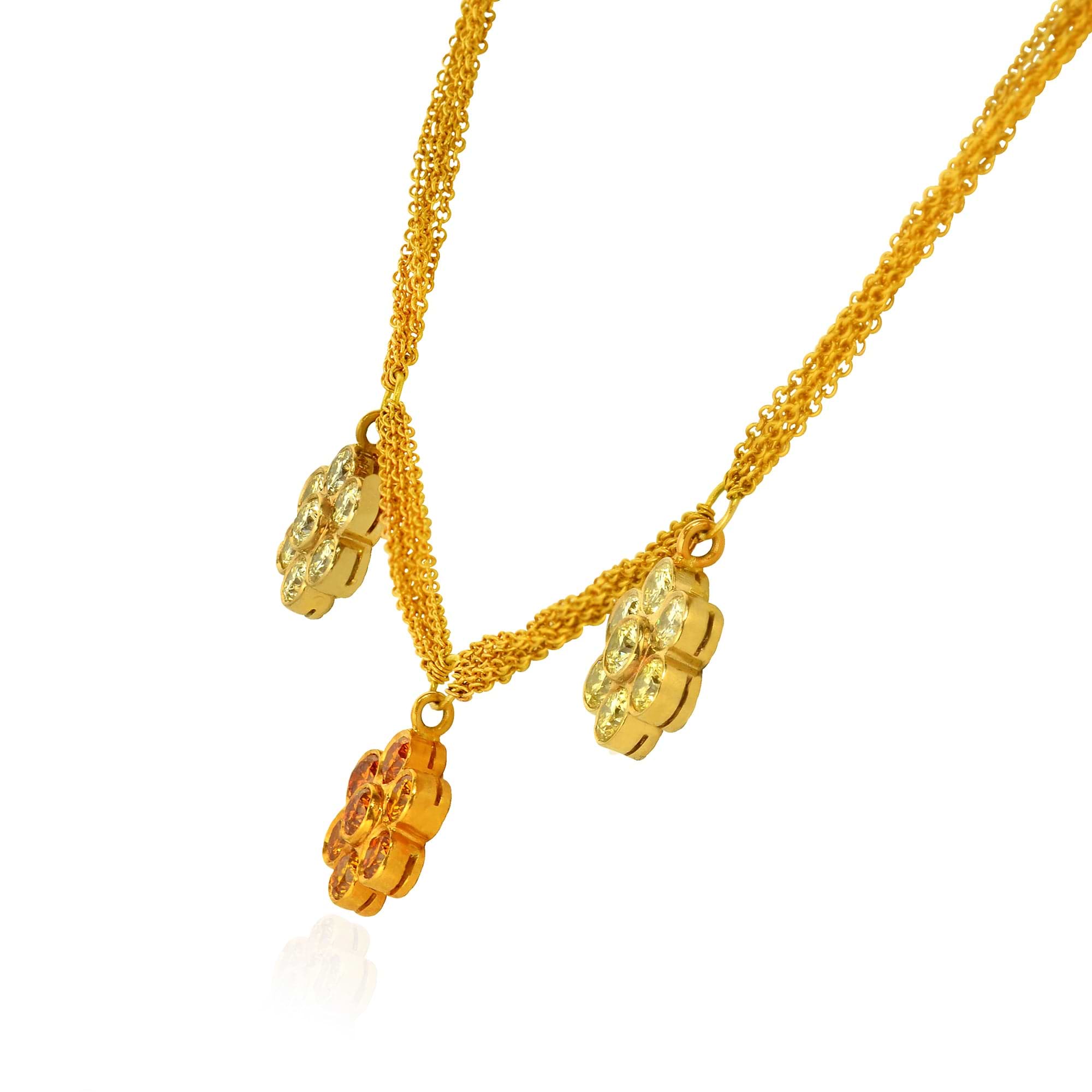 3 Flower Fancy color Diamond Necklace, 21 stones, set in 18K  Gold.