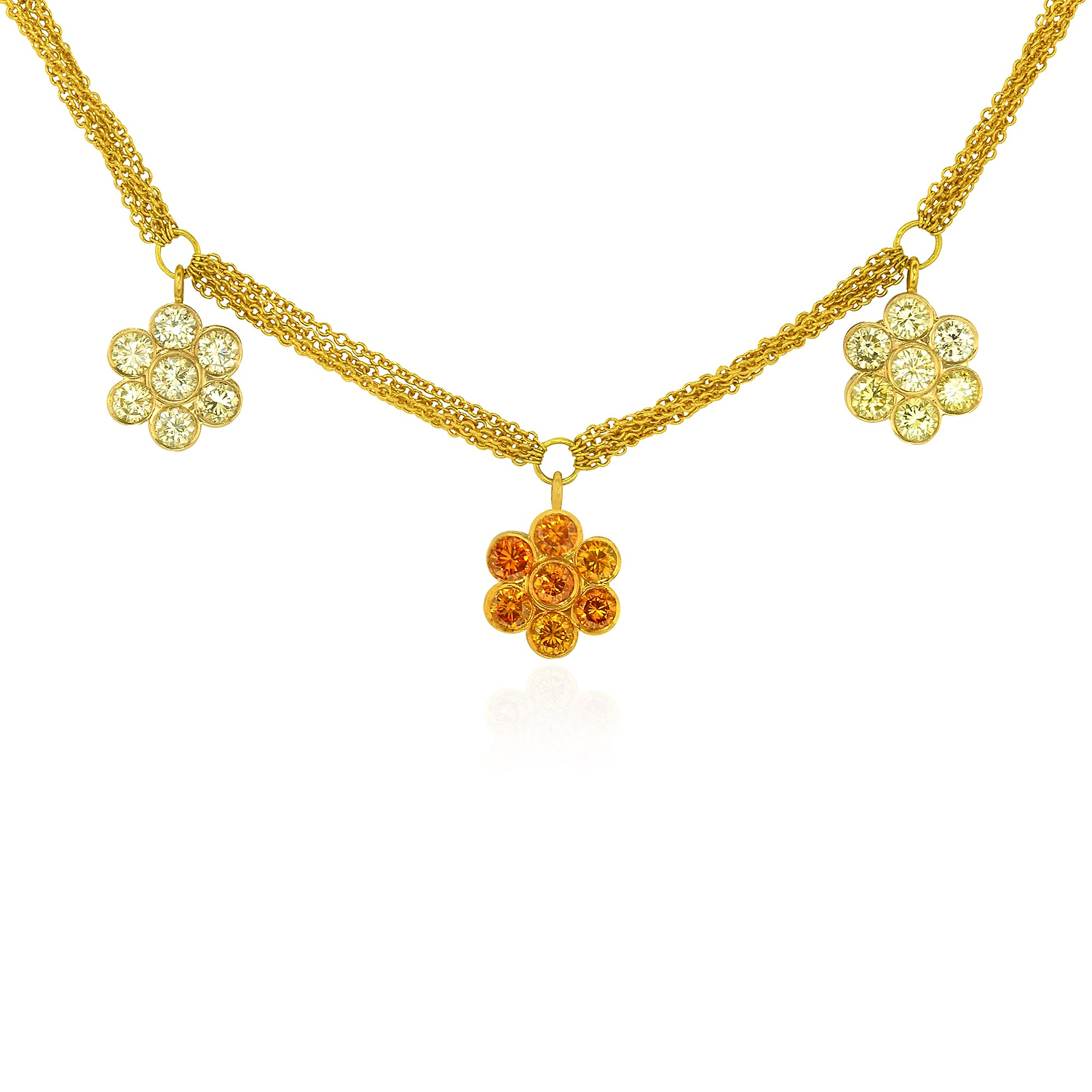 3 Flower Fancy color Diamond Necklace, 21 stones, set in 18K  Gold.
