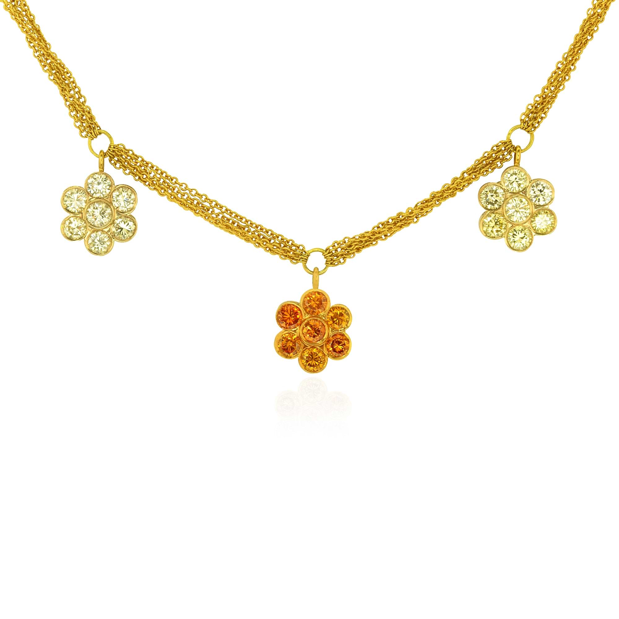 3 Flower Fancy color Diamond Necklace, 21 stones, set in 18K  Gold.