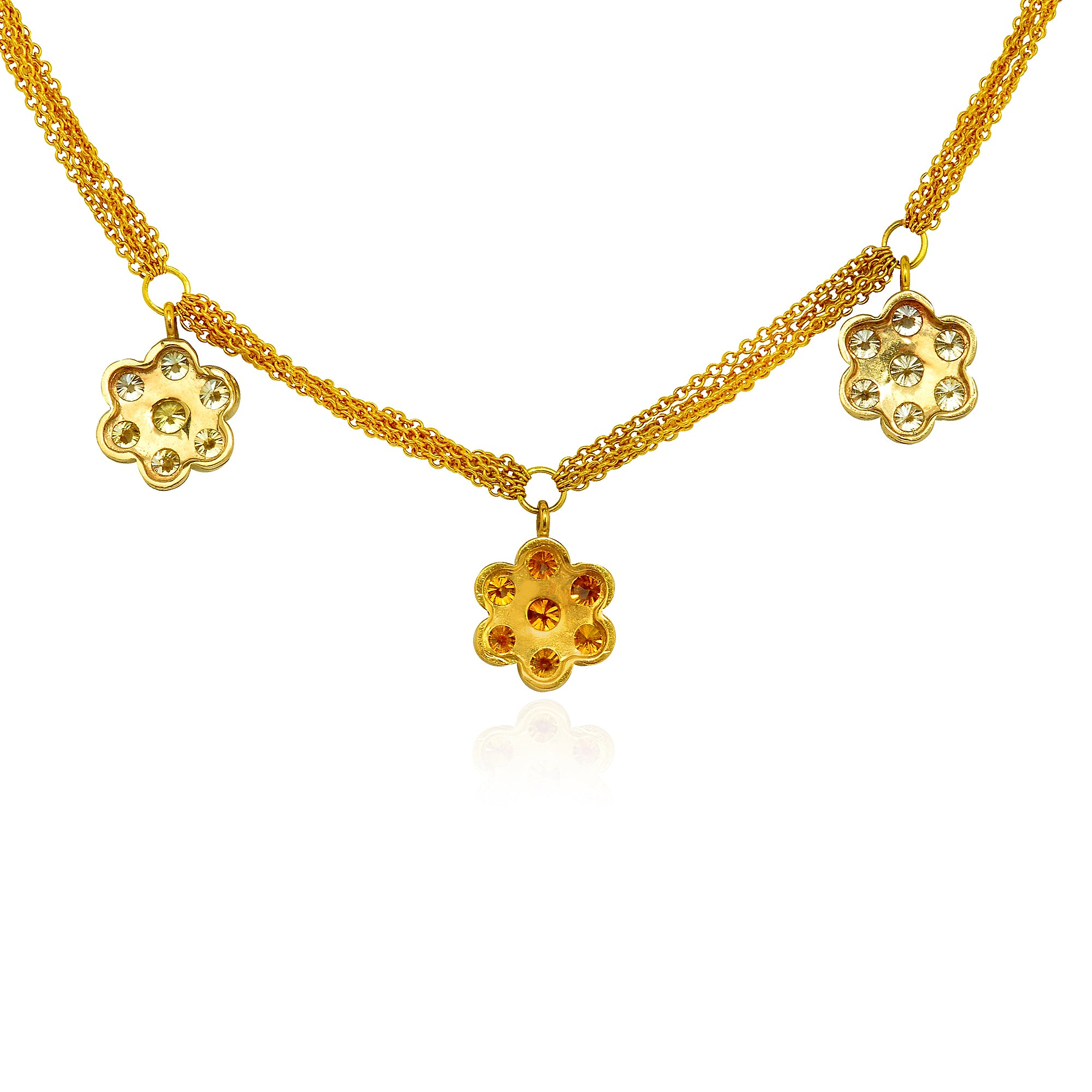 3 Flower Fancy color Diamond Necklace, 21 stones, set in 18K  Gold.
