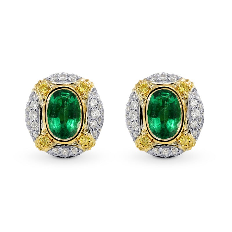Oval Emerald and Fancy Intense Yellow Diamond Earrings