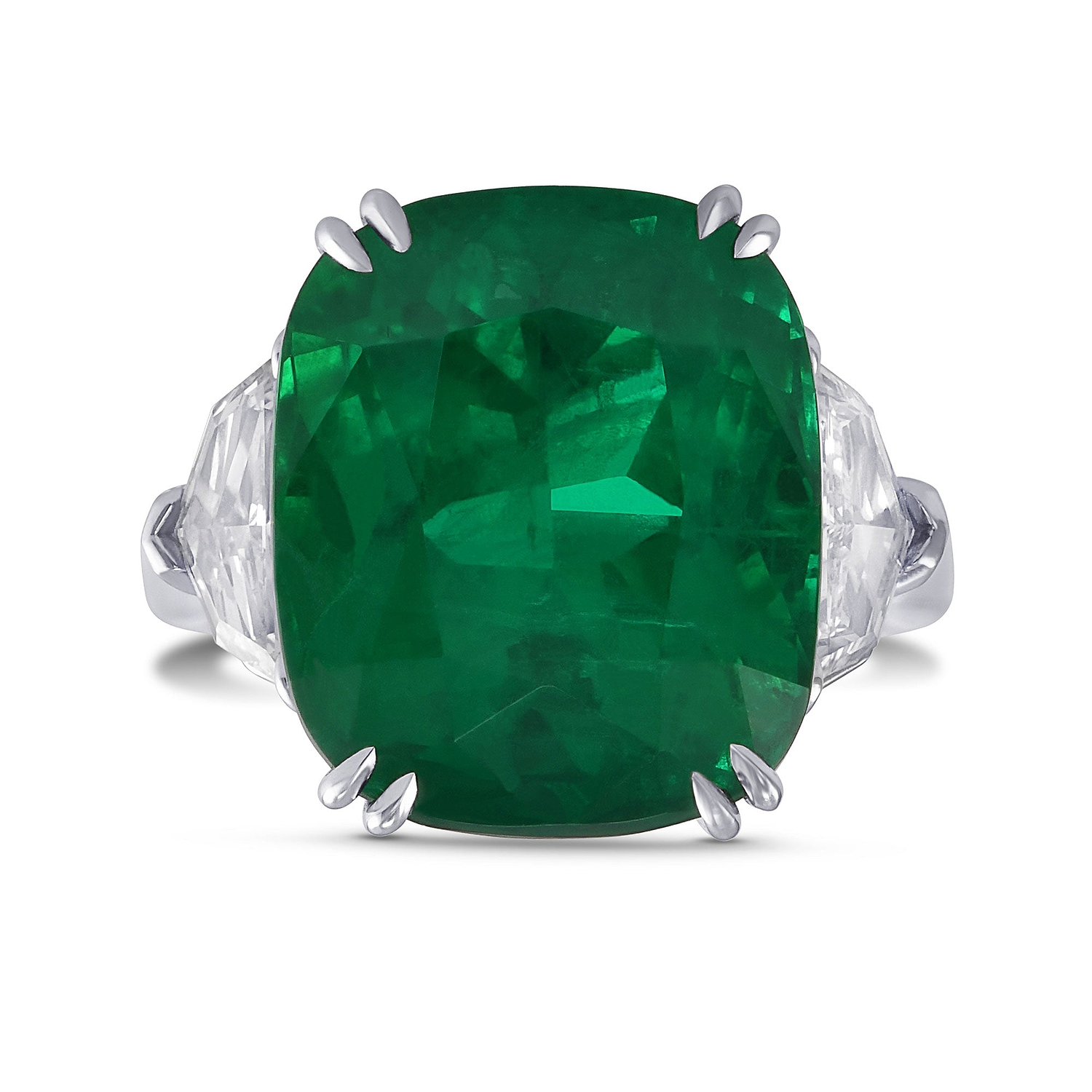 Exceptional Cushion Emerald and Diamond Three Stone Ring GUBELIN
