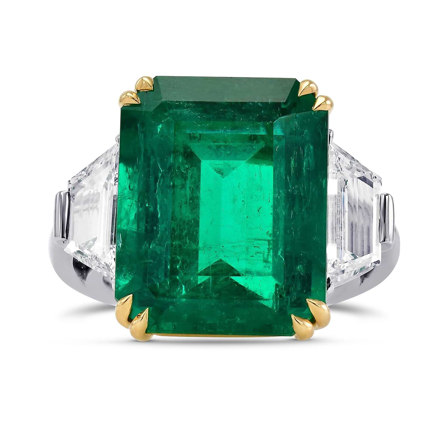 Extraordinary Emerald Shape Emerald and Diamond Three-stone Ring