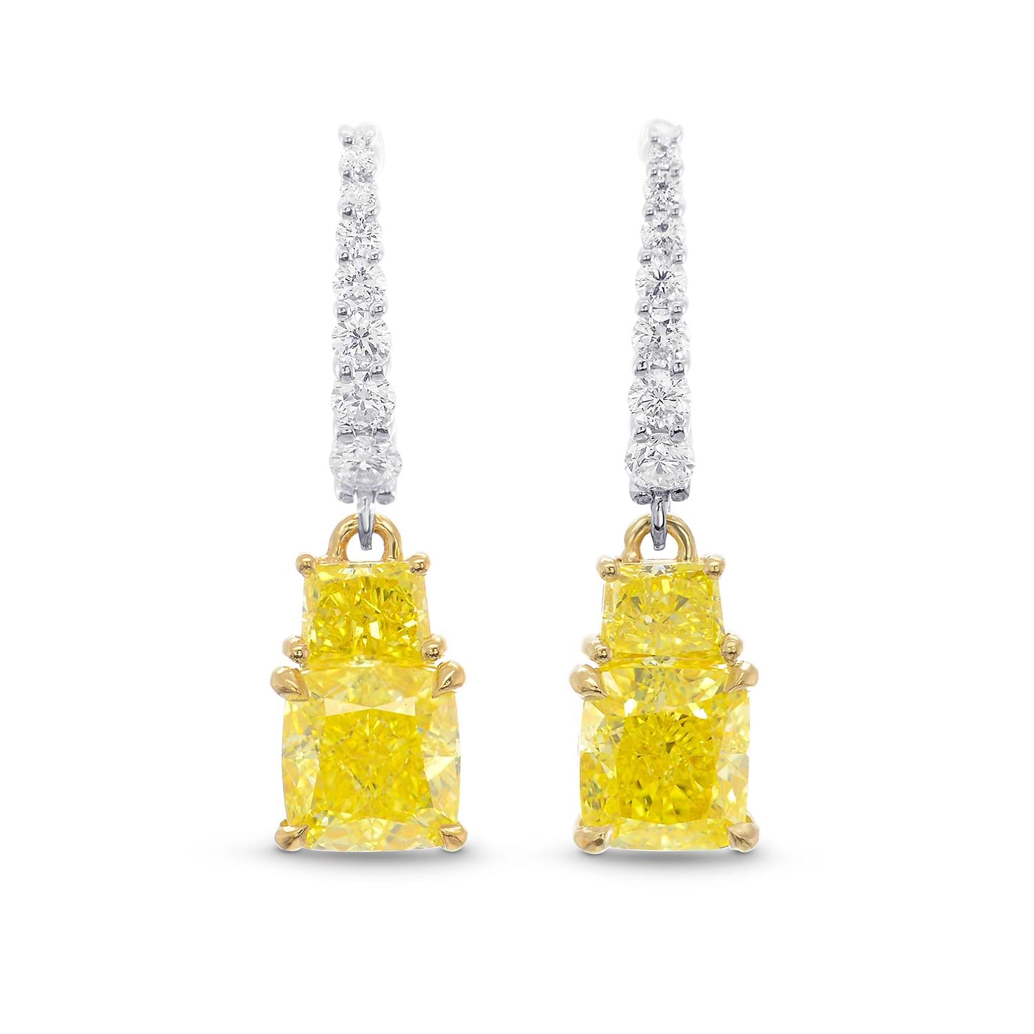 Fancy Intense Yellow Cushion and Vivid Yellow Taper Diamond Drop Earrings