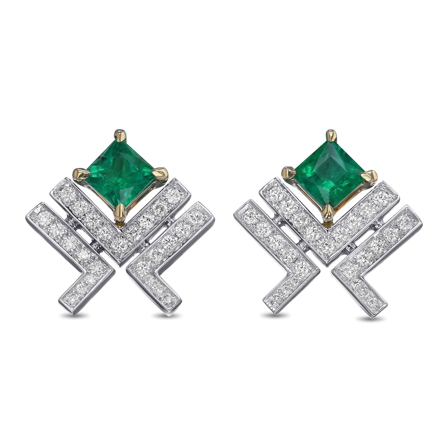 Princess Green Emerald Leibish Logo Pave Earrings