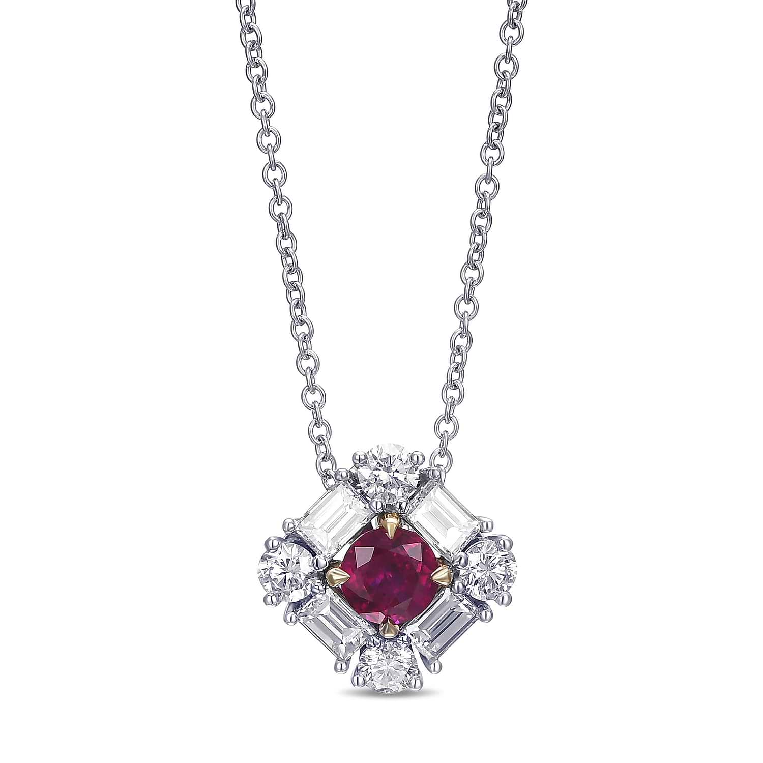 Extraordinary Round Red Ruby and Diamond Halo Pendant