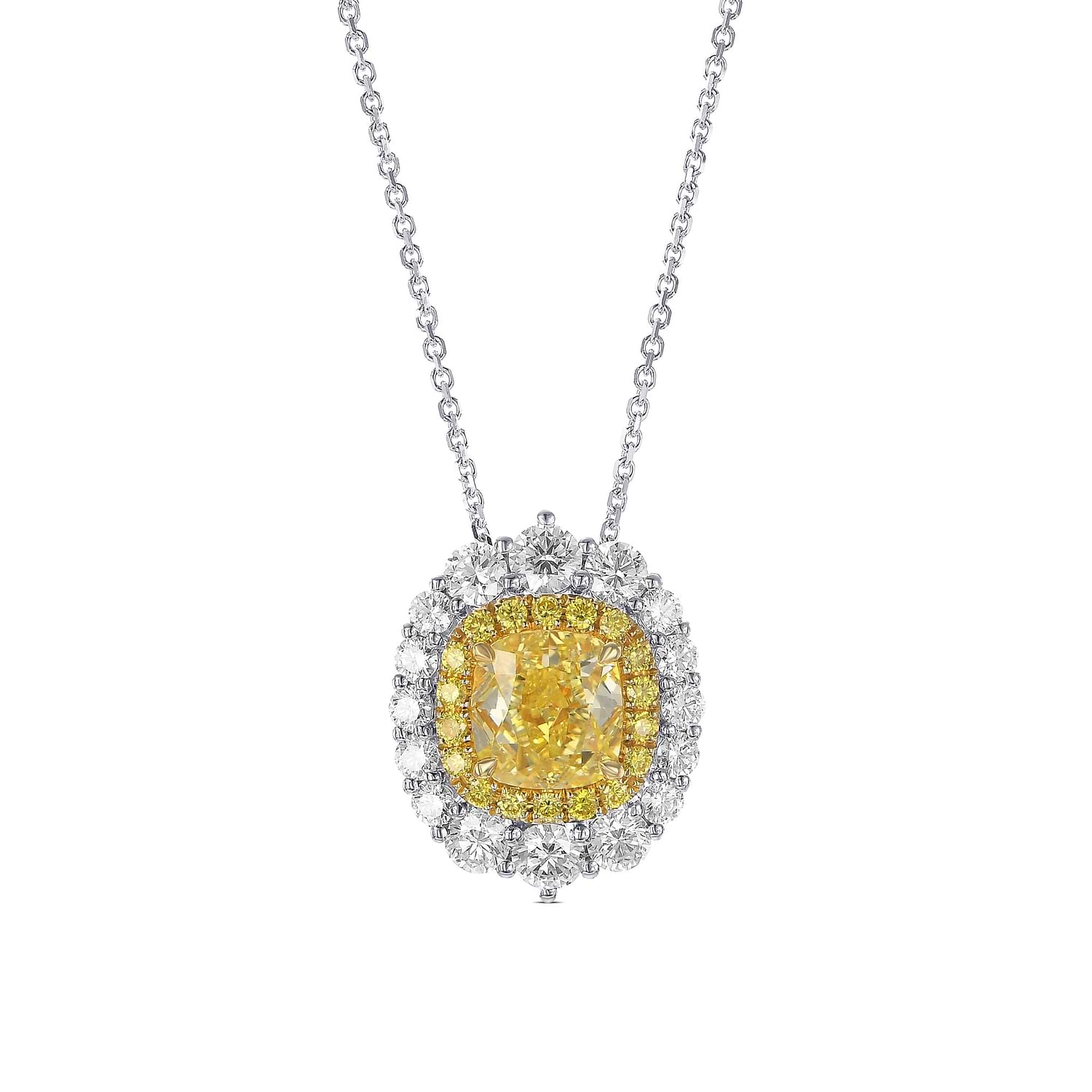 Fancy Intense Yellow Cushion Halo Diamond Pendant