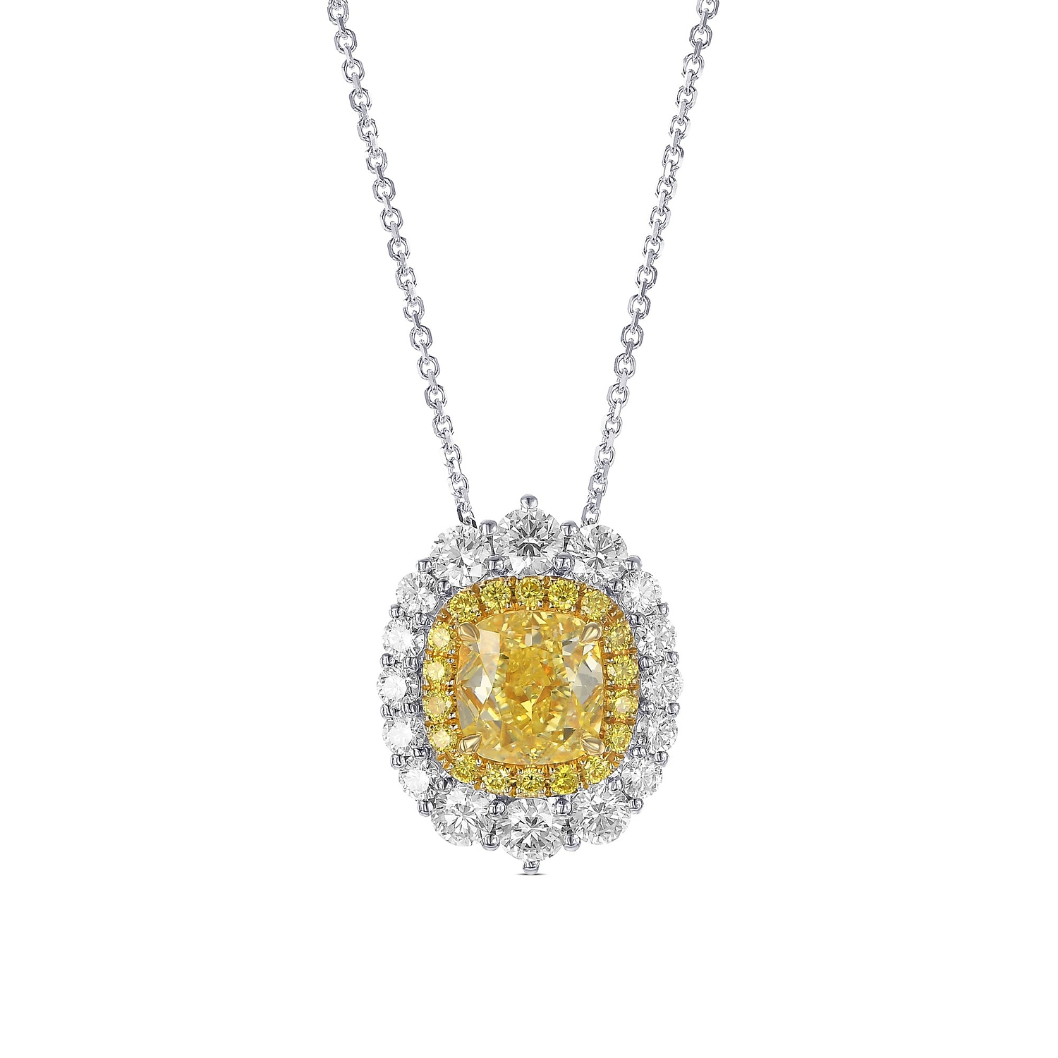 Fancy Intense Yellow Cushion Halo Diamond Pendant